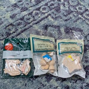 3 bags of Wooden Shapes of snowmen, stars, and cats 1-2” - Natural